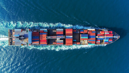 Top down view of a cargo ship full of containers