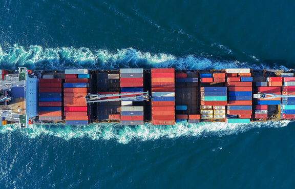 Top down view of a cargo ship full of containers