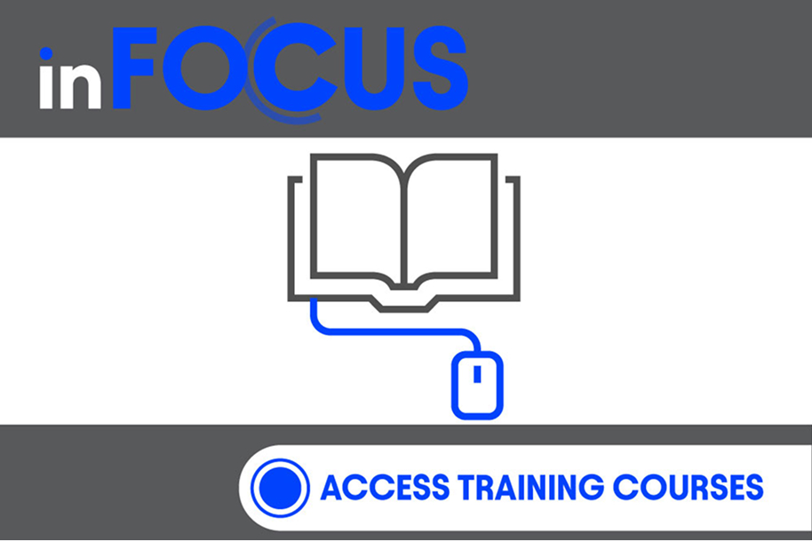 branding with text 'in Focus - access training courses' with an icon of a book with an attached computer mouse