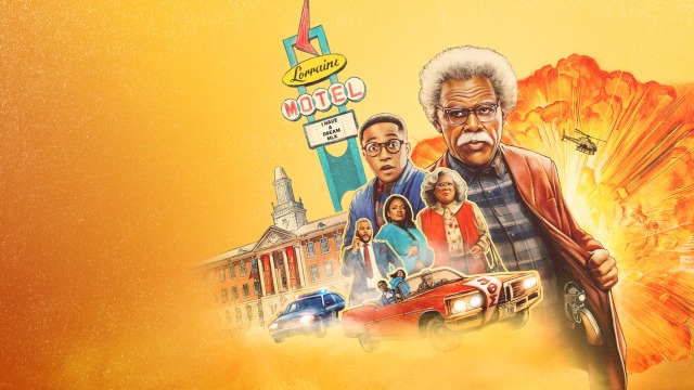 Official poster for “Tyler Perry’s Joe’s College Road Trip” featuring Joe in the foreground with a motel sign, explosion, and family members alongside vintage cars in a comedic illustrated design.