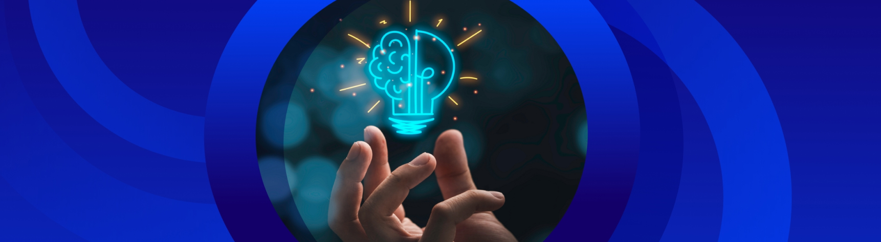A hand reaches up toward a glowing neon-blue lightbulb icon, which has a brain design on one side, set against a dark, glowing background and framed by concentric blue circles.