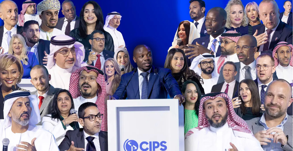 A collage of photos of people speaking with one man in the middle at a podium