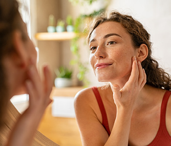 Mlada ženska pred ogledalom nanaša na obraz naravno kozmetiko in tako skrbi zase in za okolje.