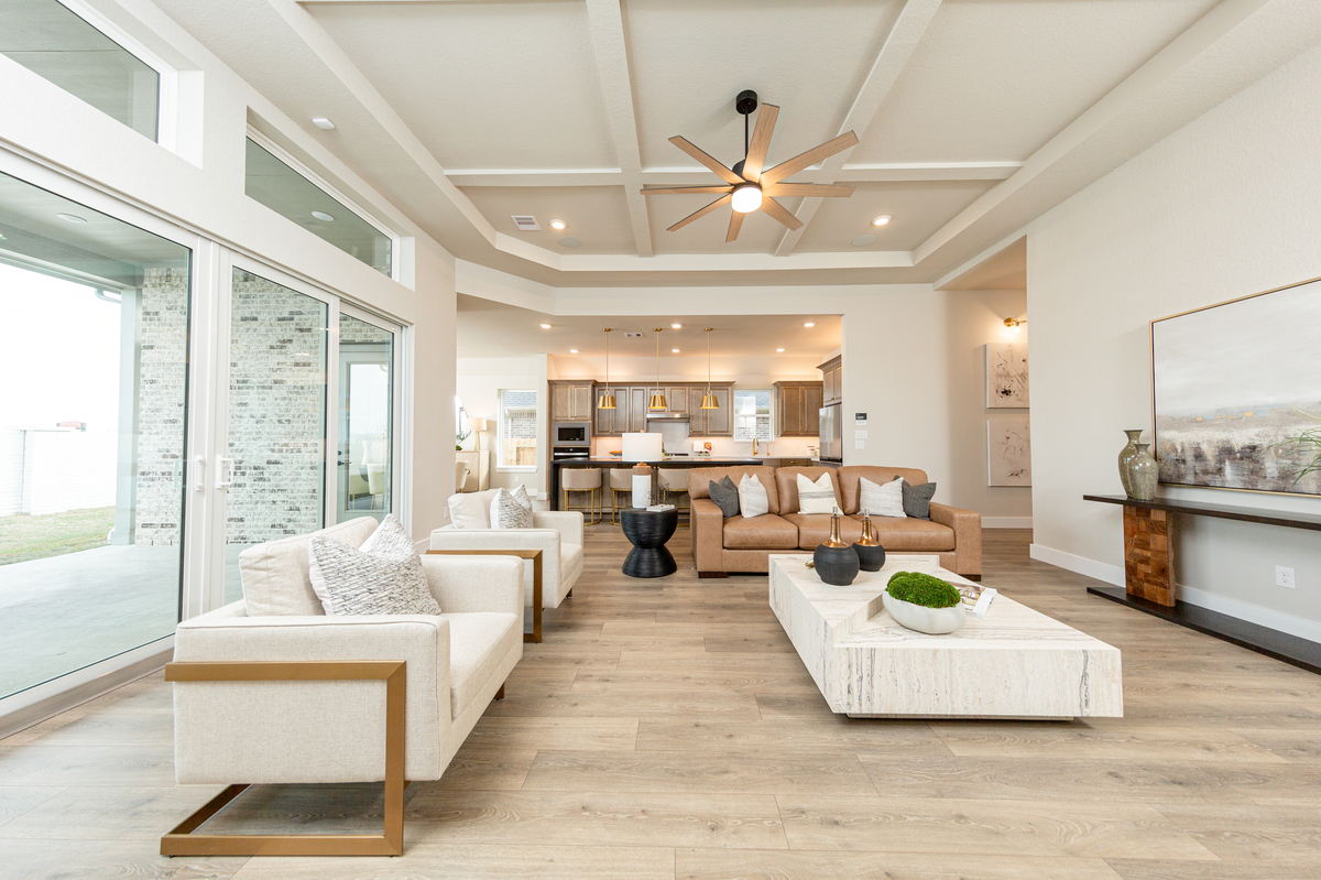 great room open to kitchen with sliding doors 