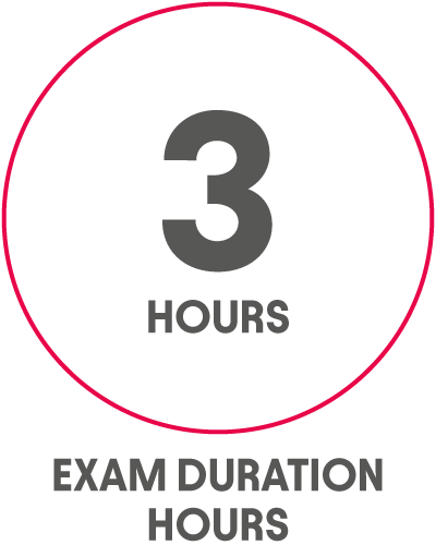 Icon showing the number 3 and the word HOURS, with EXAM DURATION HOURS written below the circle.