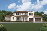 exterior of two-story home with three-car garage and large windows