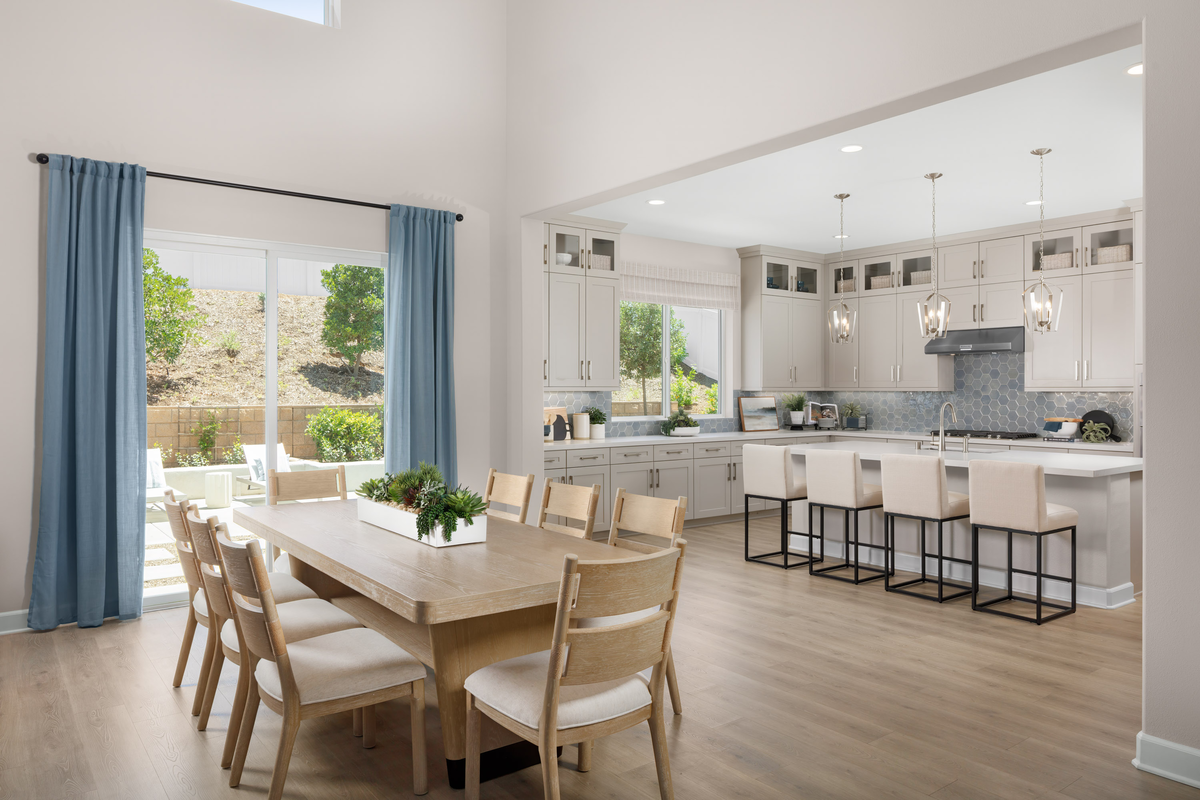 A dining room and kirchen with designer finishes