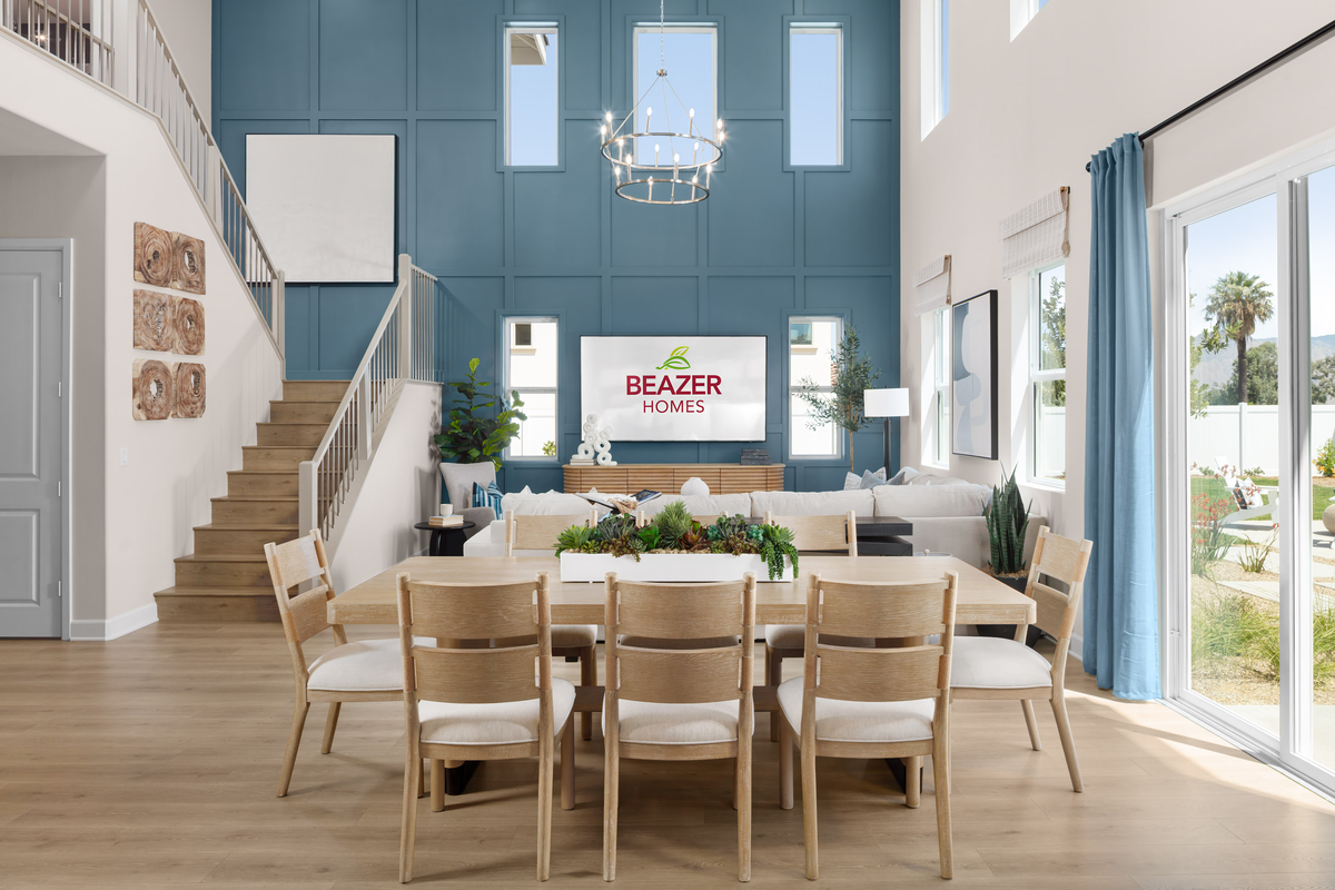 A great room with a double height ceiling