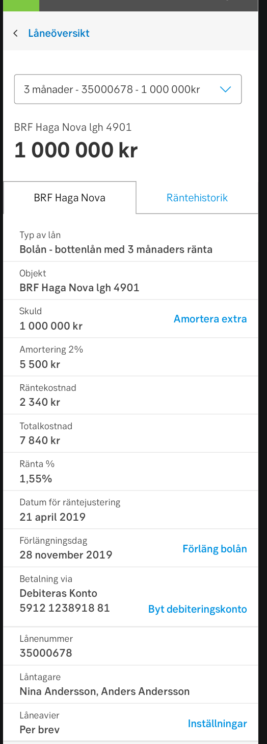 Example of details of a mortgage in mobile