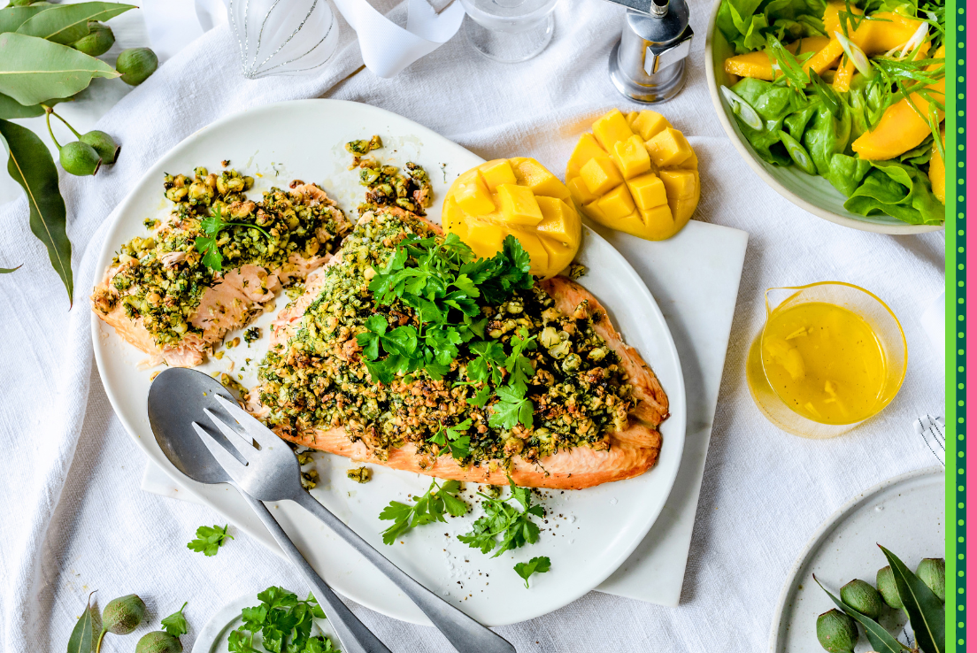 Herby Macadamia Crusted Side of Salmon with Mango Salad.