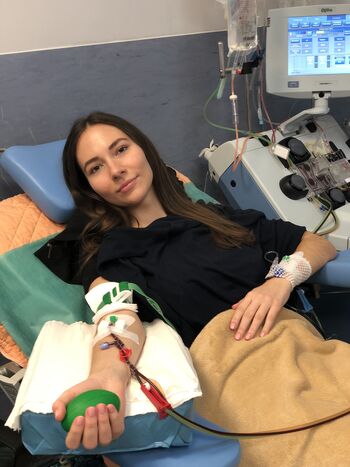 Photo of Maja donating platelets for a stem cell transplant