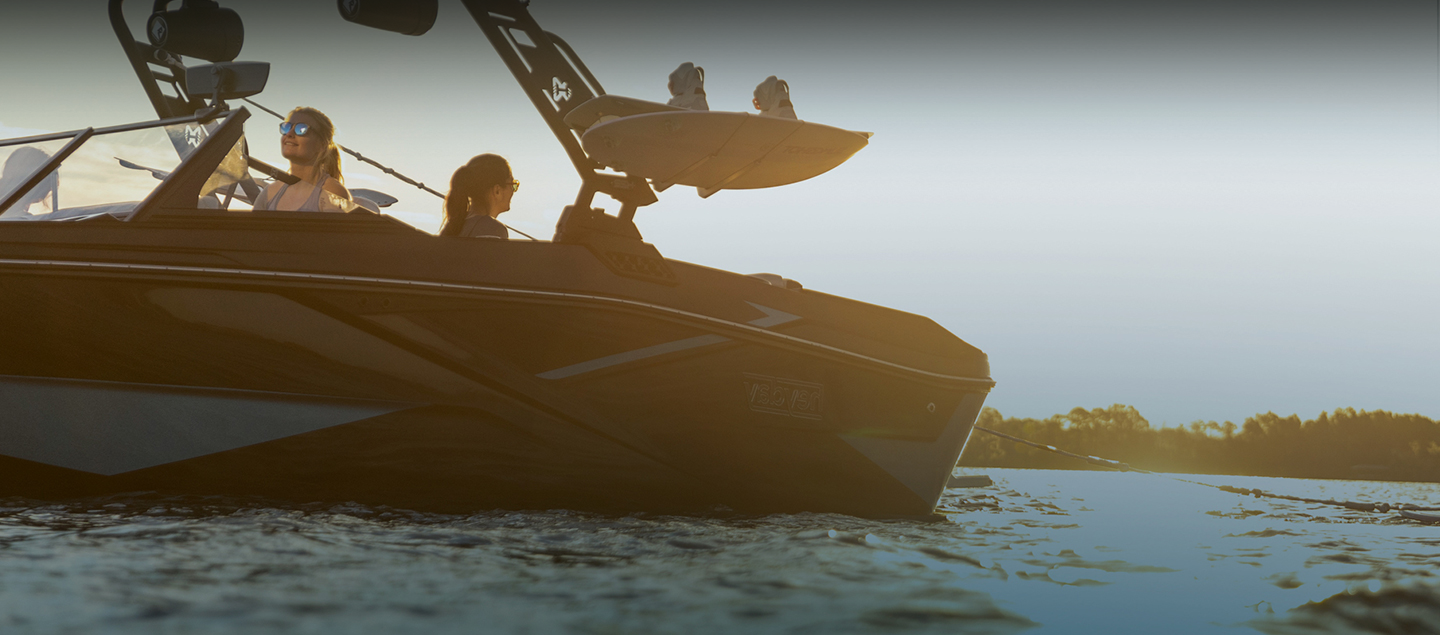 Two people fishing in their boat while the sun goes down