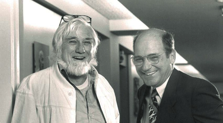 A black and white photo of Road Scholar Founders Marty Knowlton and David Bianco