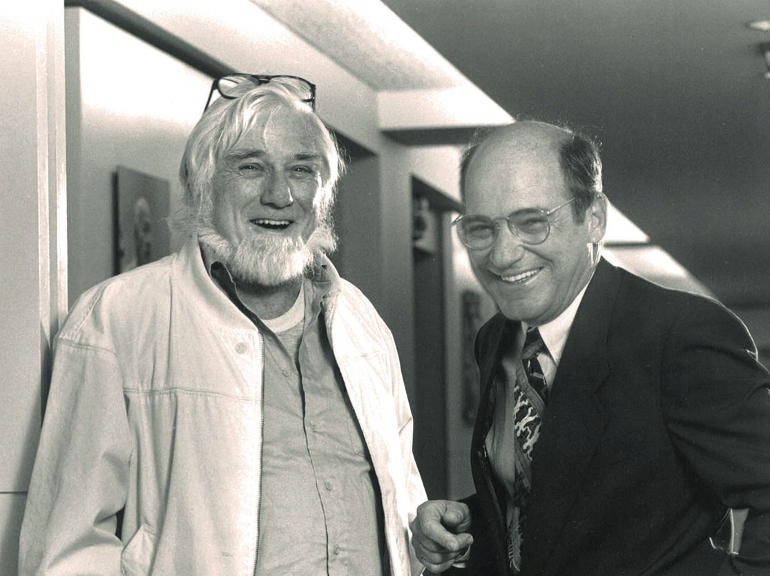 A black and white photo of Road Scholar Founders Marty Knowlton and David Bianco