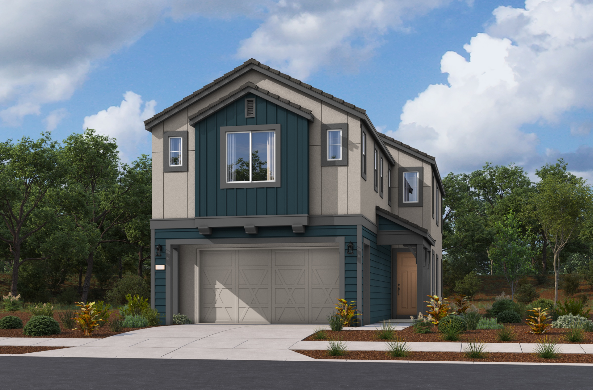 two-story multicolored exterior with a cream windowless garage