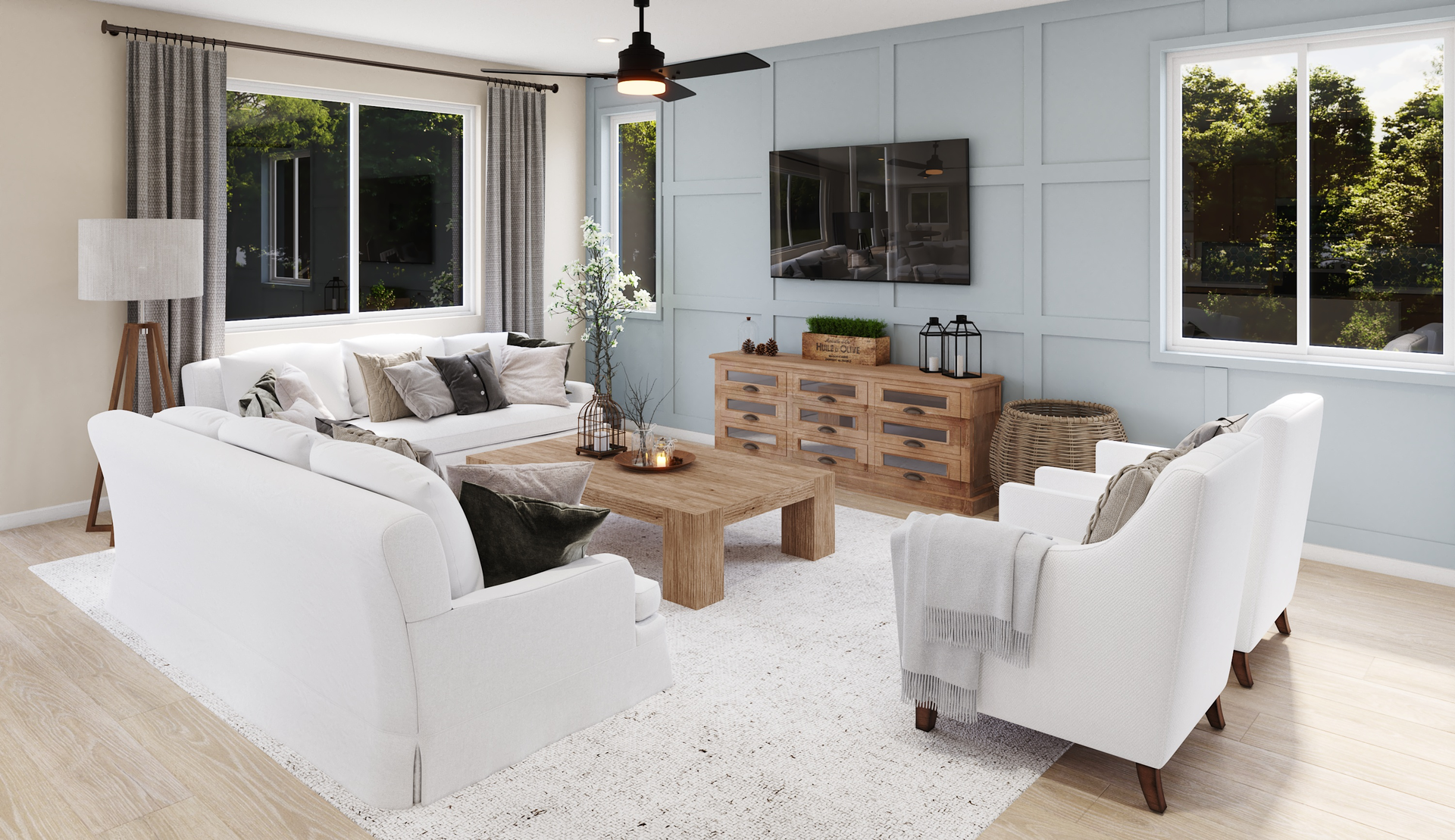 great room with large windows and neutral floors