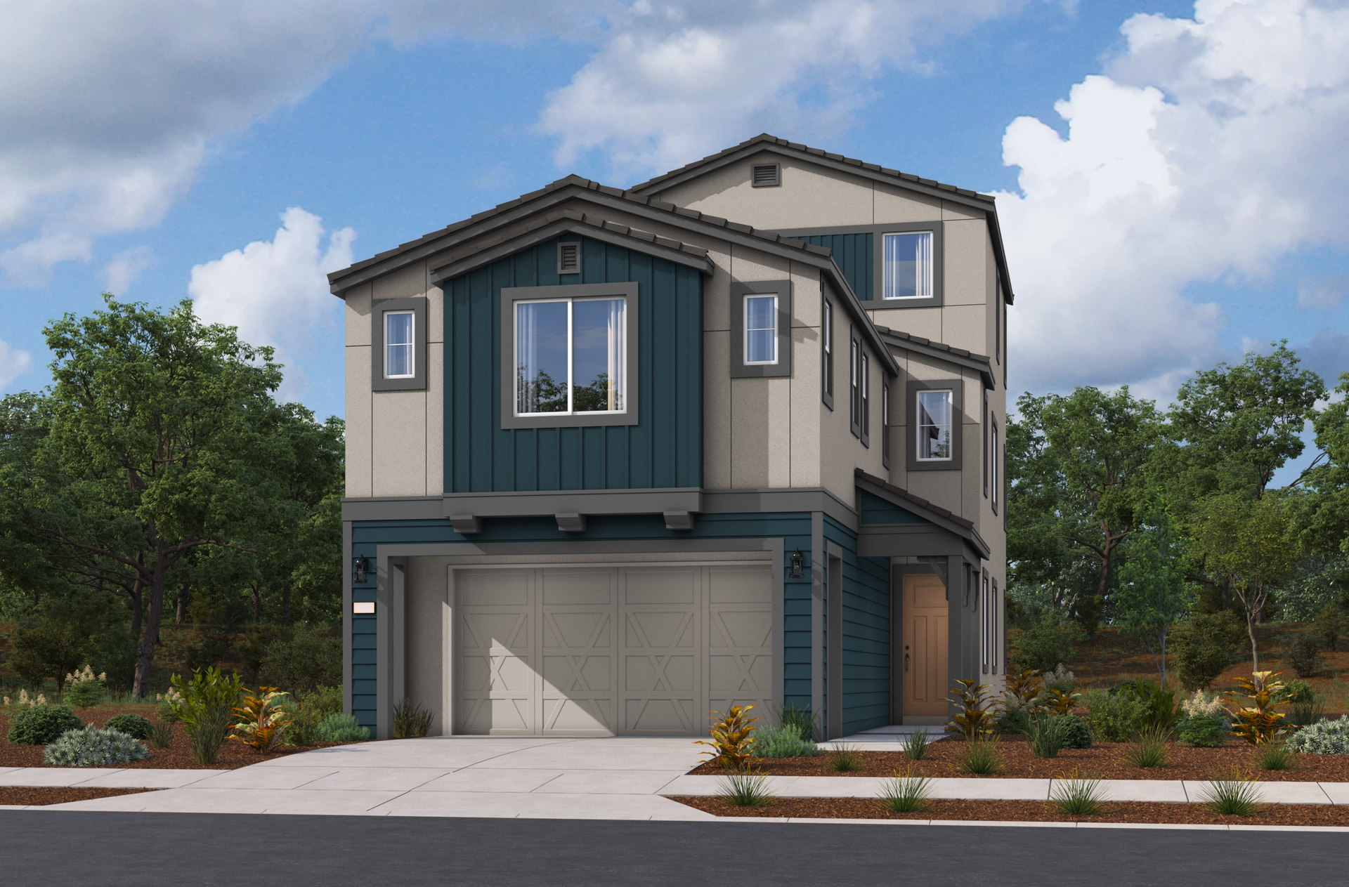 two-story multicolored exterior with a cream windowless garage