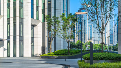 Outside of modern building with landscaping