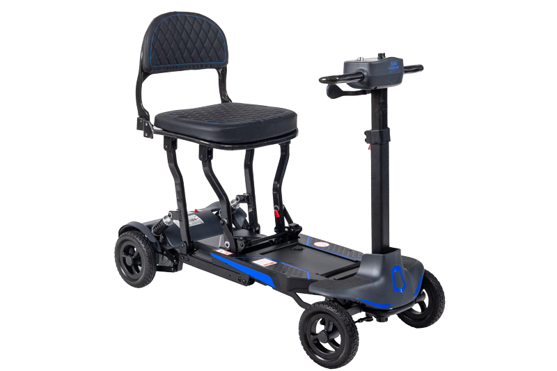 A compact, lightweight mobility scooter with a black padded seat and backrest, four small wheels, and a slim frame. The scooter has a simple tiller with handlebars for steering and blue detailing along the base.