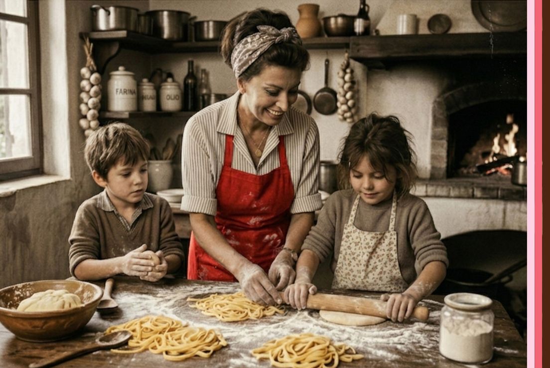 mum making fresh pasta with kids