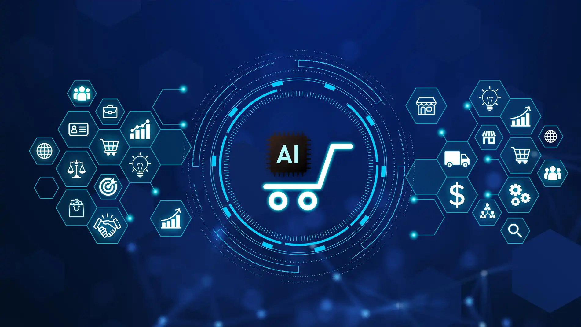 Abstract image of a shopping cart and icons.