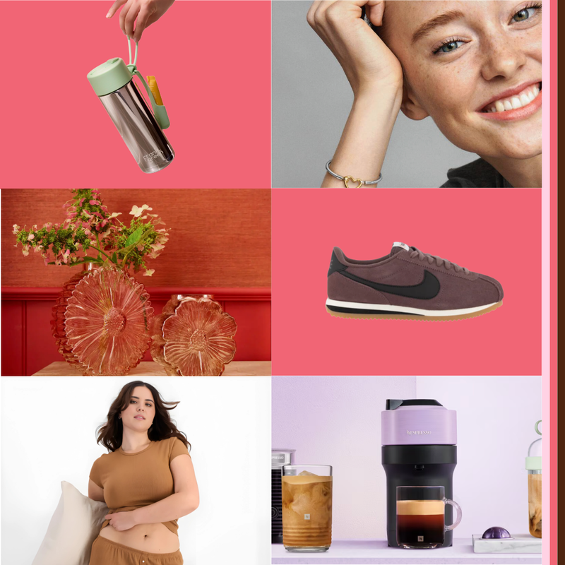 Collage of Mother’s Day gift ideas featuring beauty accessories, decorative homeware, jewellery, fashion pieces, tech accessories and coffee‑inspired lifestyle items.