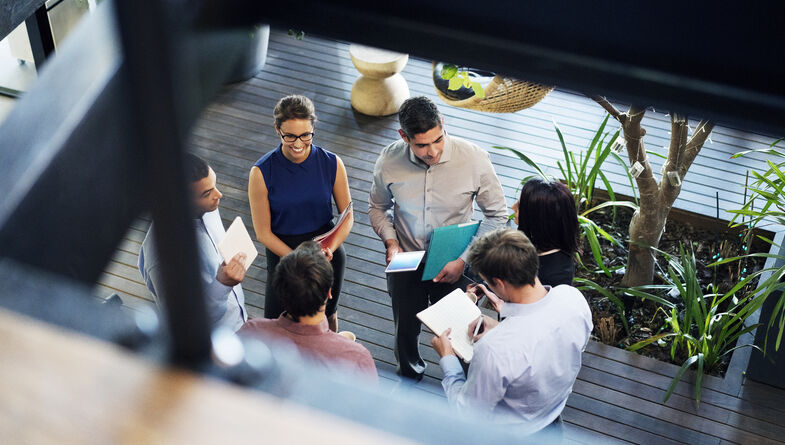 Birds eye view of business people meeting and talking