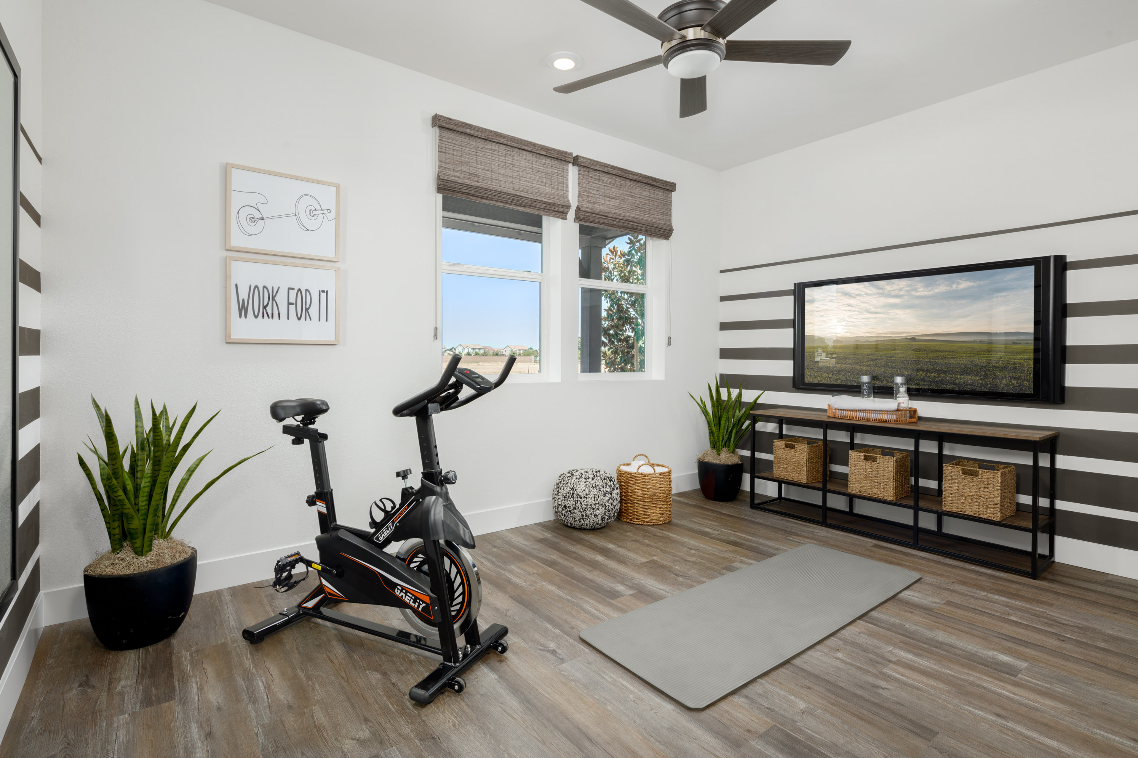 bedroom being used as home gym with exercise bike
