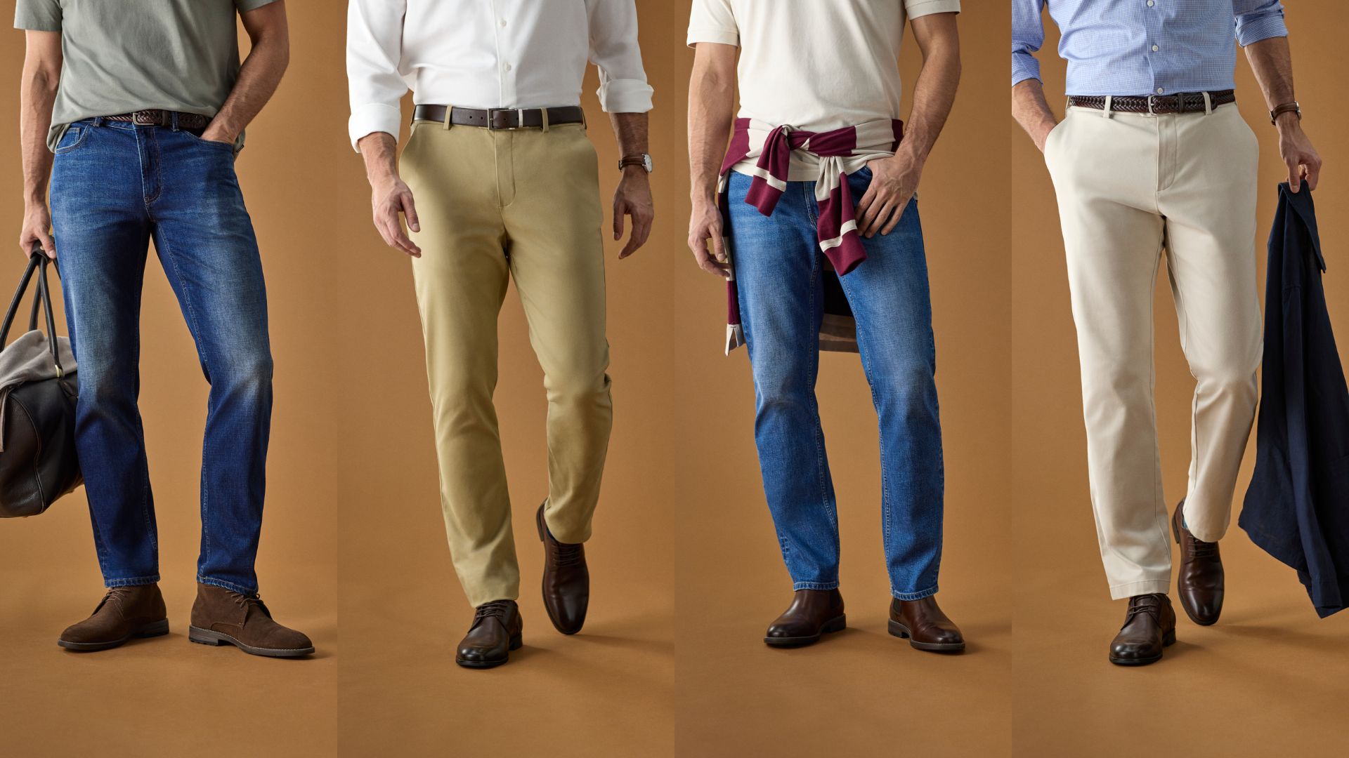 Men wearing chinos, jeans and pants with brown background