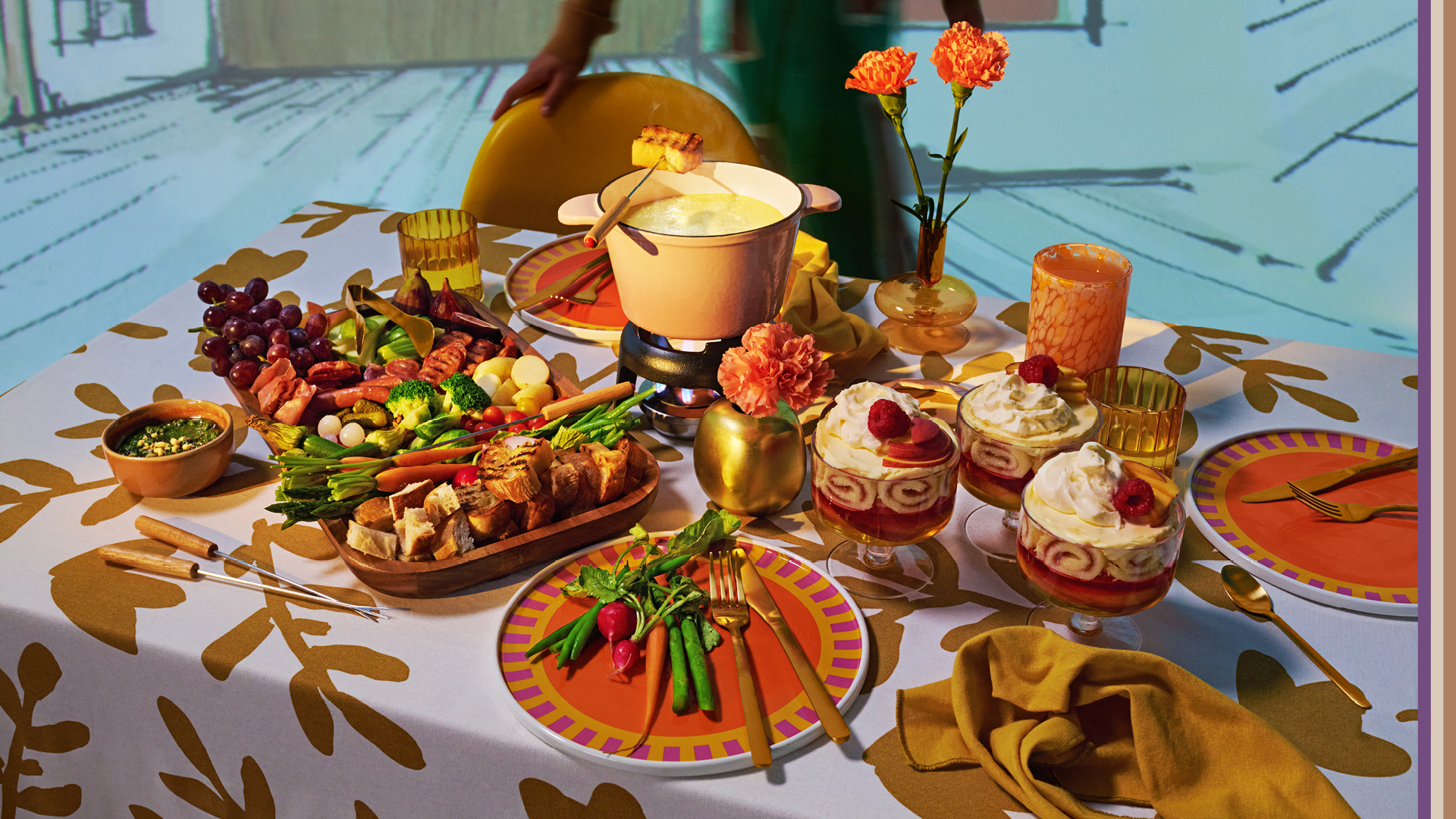 cheese fondue served with vegetables, grapes, chargrilled sourdough