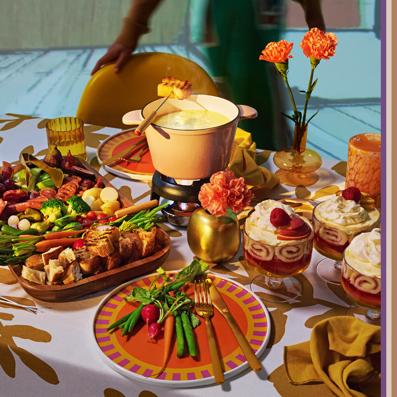 70s homewares table setting, cheese fondue, vegetables, trifle