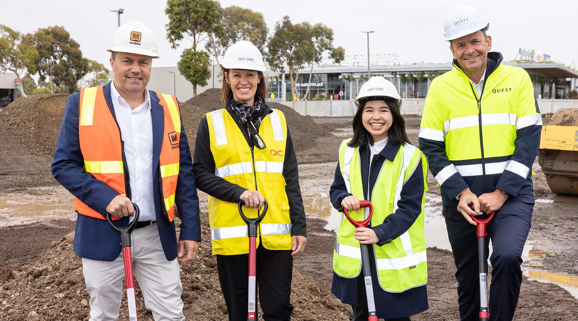 Maben's Craig Gathercole, QIC RE Megan French-Wright, Cr Jasmine Nguyen and Quest's David Mansfield turn the first sod