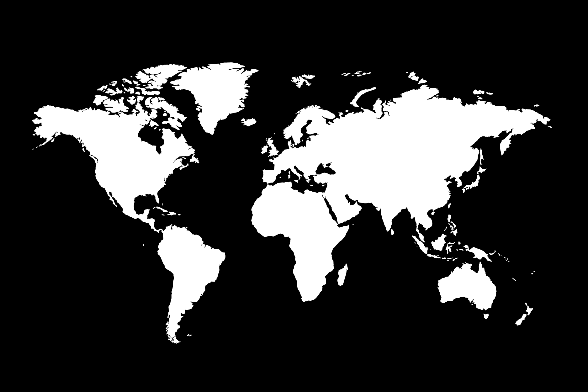 A high-contrast graphic depicting a stark white world map silhouette set against a solid black background