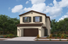 two-story exterior with two large front windows and a dark brown windowless garage