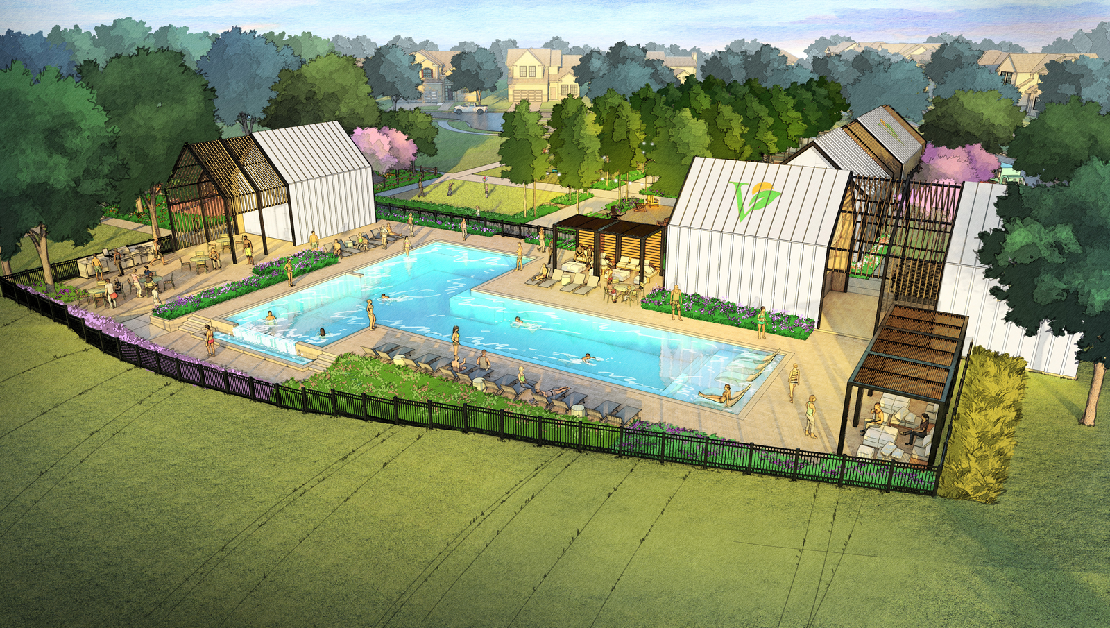 resort-style pool with lounge areas and greenery