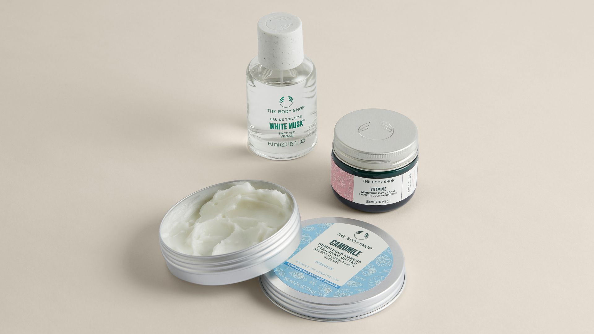 The Body Shop White Musk eau de toilette, Vitamin E cream and Camomile cleansing butter