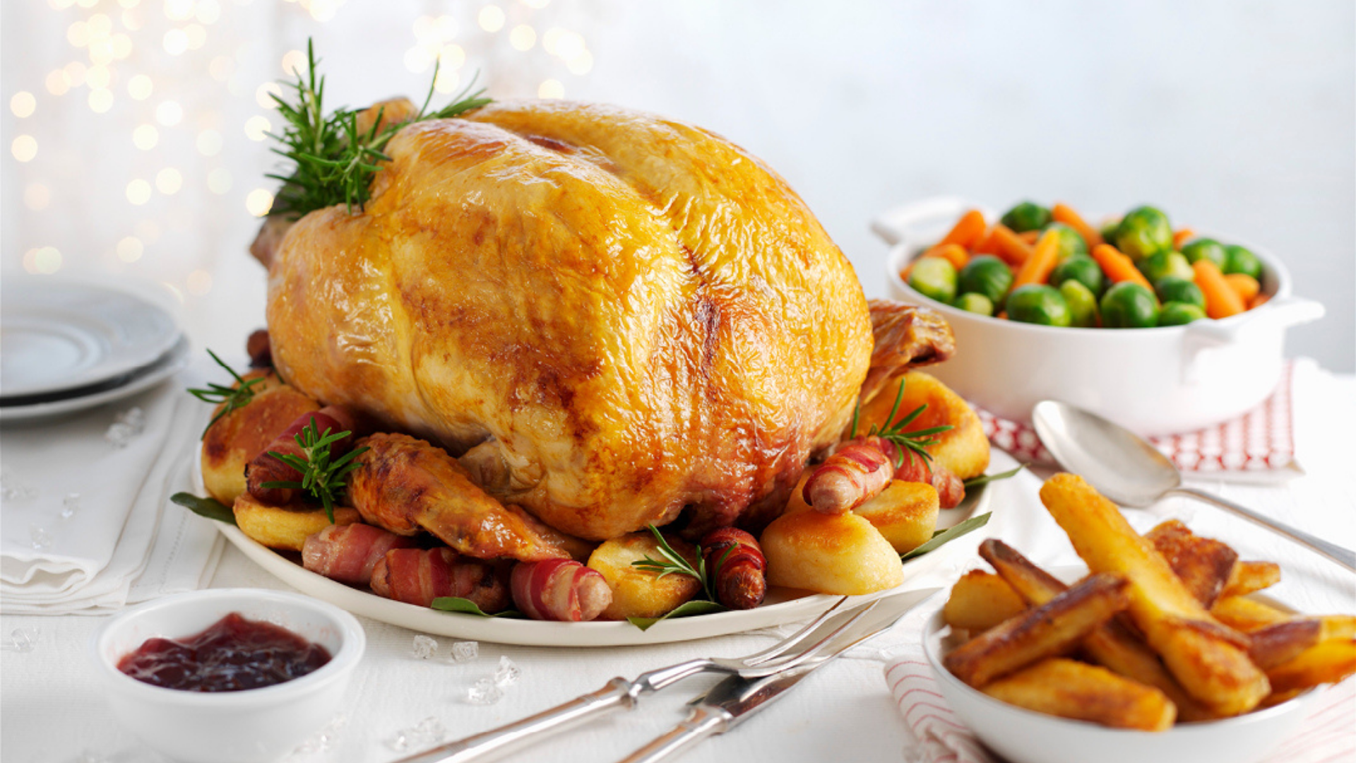 Roast Turkey and Vegetables cooked and ready on Christmas table