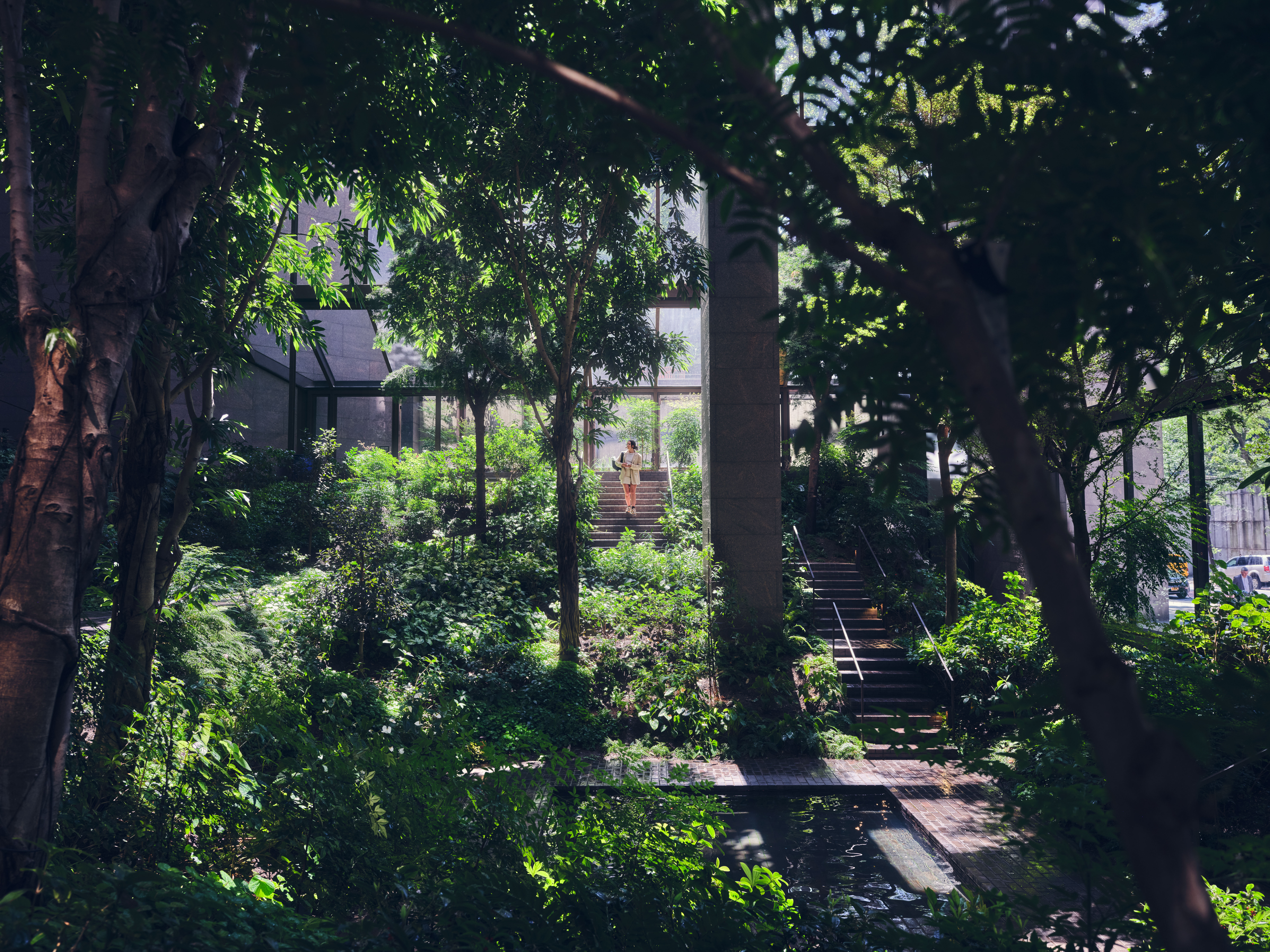 Grönskande innergård med trappor i en stad.