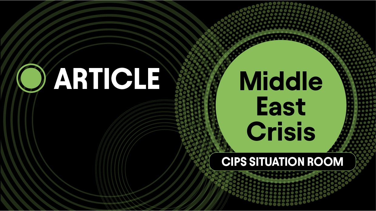 A graphic for the CIPS Situation Room titled "Middle East Crisis." The image features a black background with concentric green rings and a dotted circular pattern. On the right, a large lime green circle contains the text "Middle East Crisis," with a black banner below it reading "CIPS SITUATION ROOM." On the left, the word "ARTICLE" is displayed in bold white text next to a small green icon.
