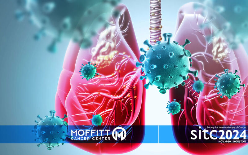 medical illustration of lungs with cancer cells floating around. also includes the Moffitt and SITC logos