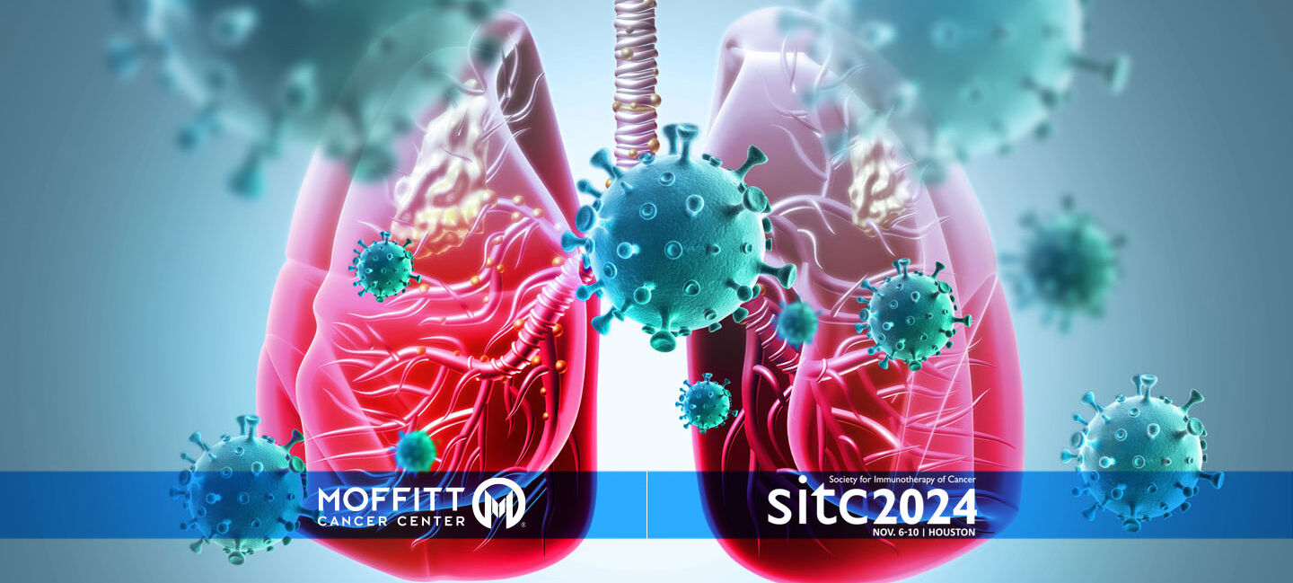 medical illustration of lungs with cancer cells floating around. also includes the Moffitt and SITC logos