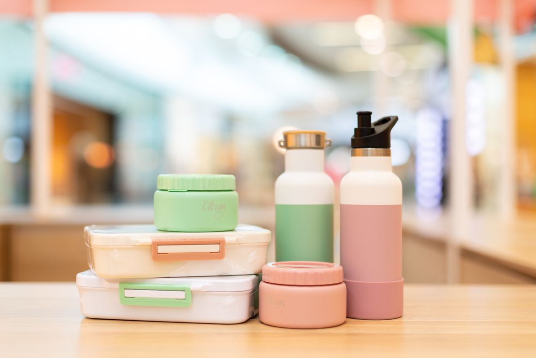 Back to school items on display, lunch containers and drink bottles