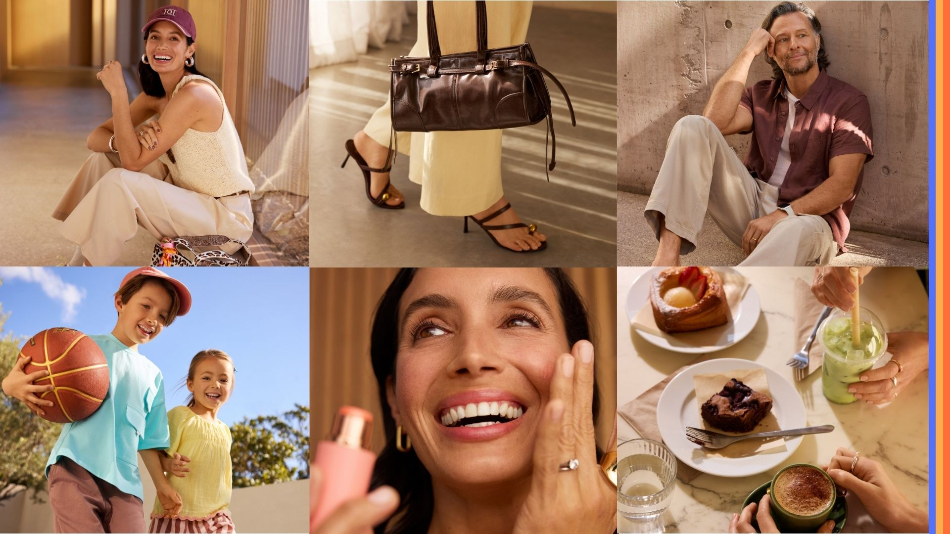 A collage of six lifestyle scenes including fashion, beauty, sport, and food moments. Features people sitting, styling accessories, playing basketball, applying make-up, and enjoying desserts.