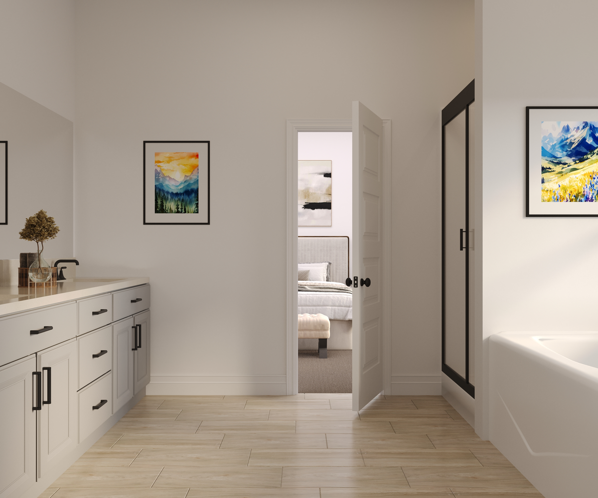 bathroom with wood-like flooring, walk-in shower and soaking tub