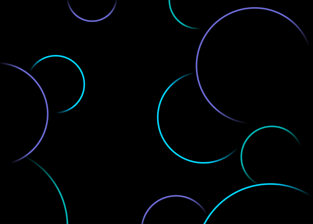 A dark, modern background featuring overlapping outlines of circles in various sizes. The circles are illuminated with vibrant cyan, teal, and soft purple gradients, creating a glowing neon effect against a solid black backdrop. The composition has a sleek, tech-oriented aesthetic with subtle shadows that give the rings a sense of depth.