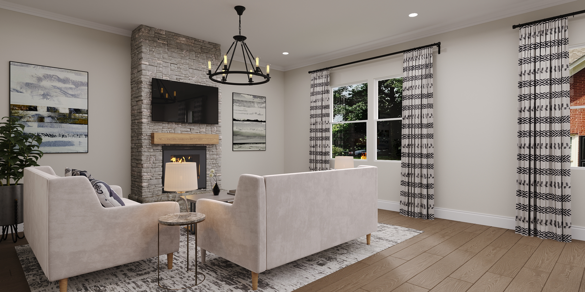 great room with two couches and a fireplace