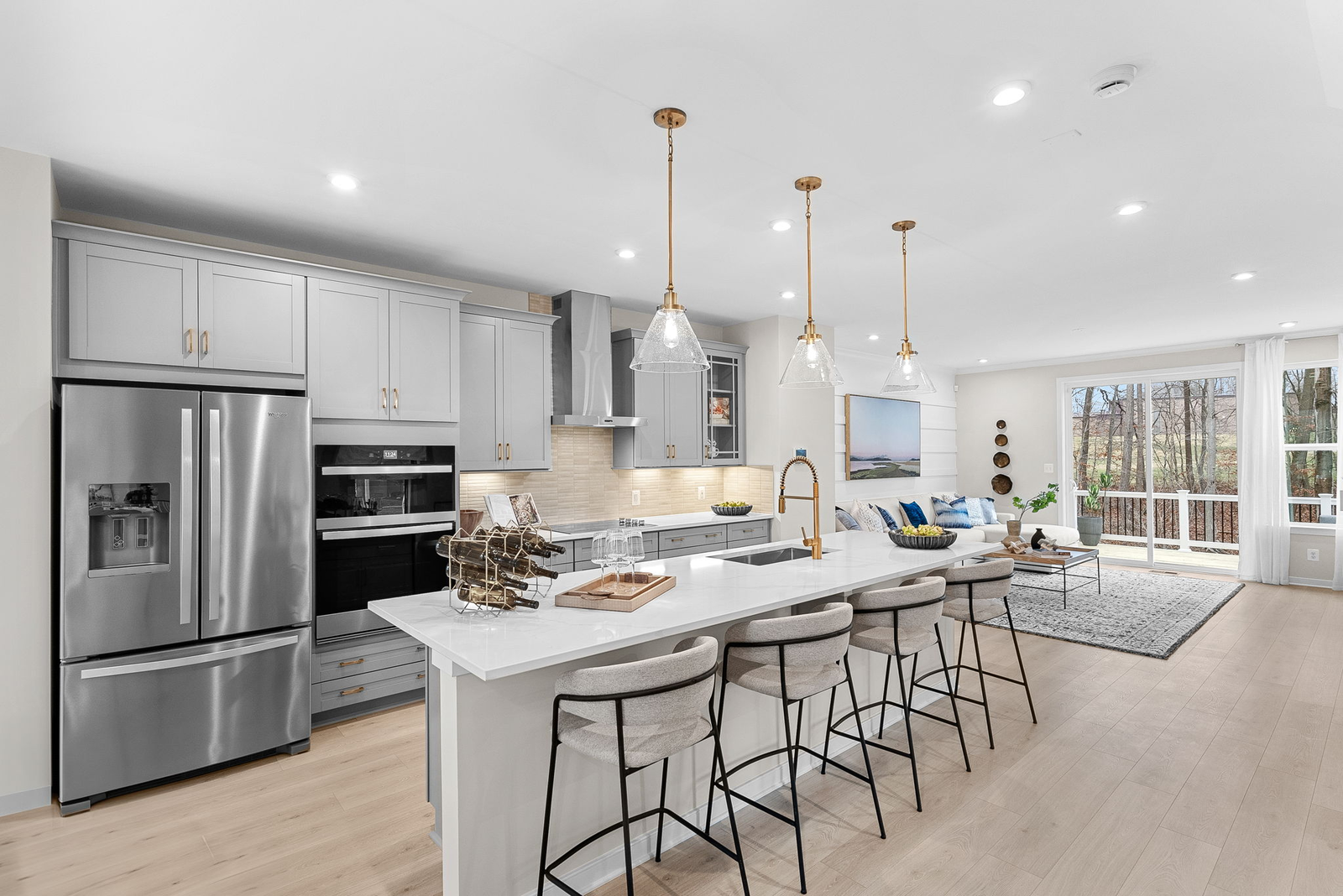 kitchen with gray cabinets and hardwood floors