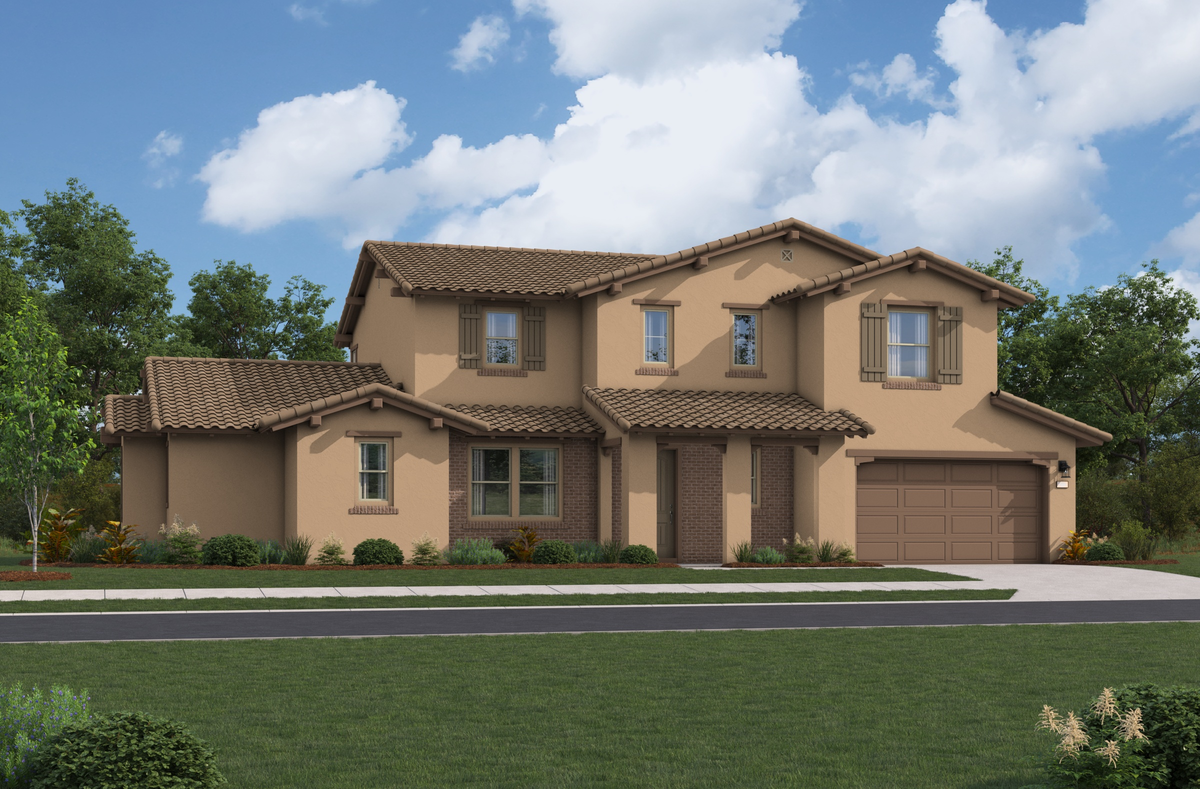 exterior of two-story home with large windows and brown garage