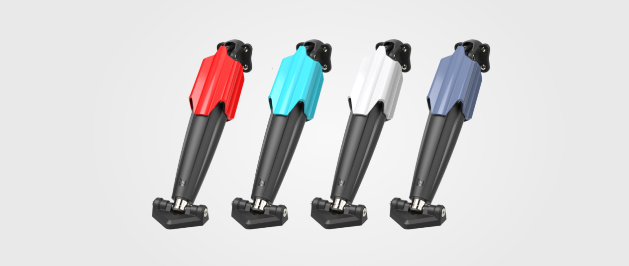 Four Lenco actuators in shades of red, turquoise, white and powder blue