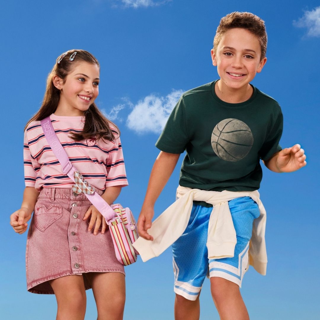 An image of a young girl wearing a pink striped shirt and a young boy wearing a dark green basketball shirt.